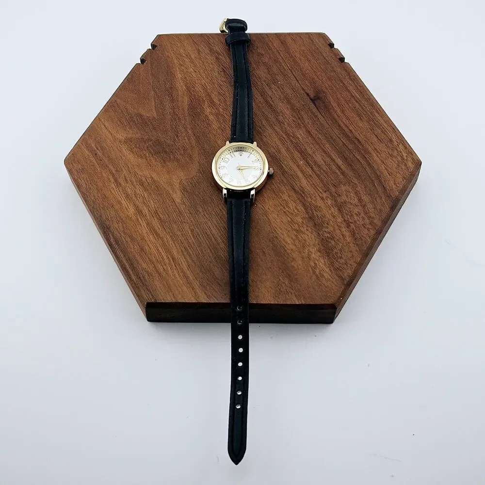 Gold Tone Women's Minimalist Contemporary Watch Black Faux Leather Band Classic